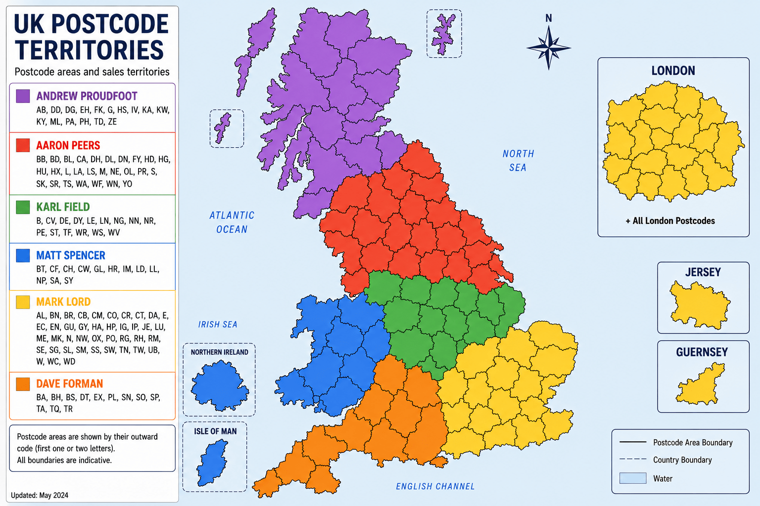 Uk Sales map UK Sales Territory Map showing postcode responsibilities for Andrew Proudfoot, Aaron Peers, Karl Field, Matt Spencer, Mark Lord and Dave Forman.